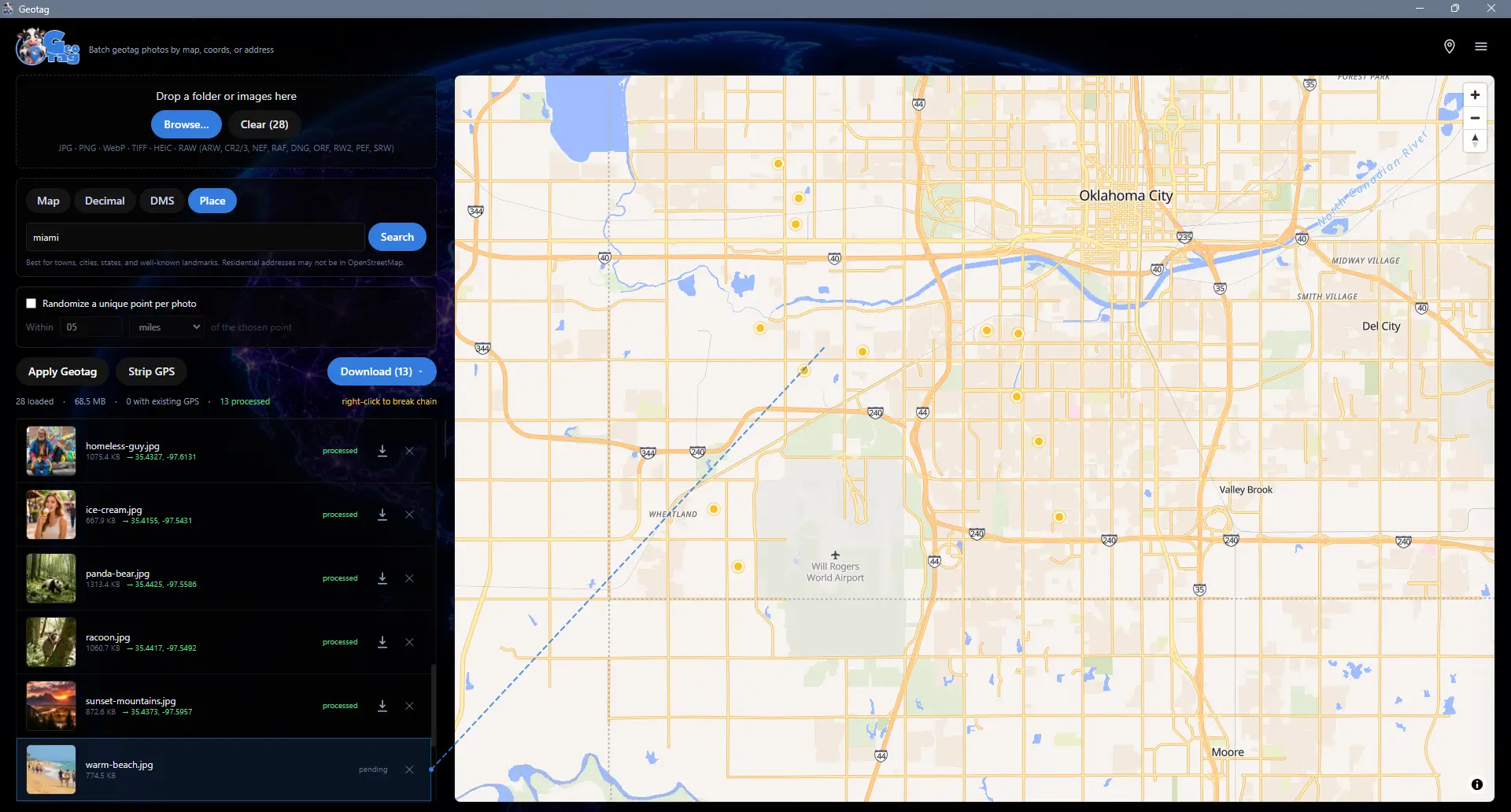 Geo Tag in per-image pinning mode: a list of loaded photos on the left and a map zoomed in on Oklahoma City, with a dashed line connecting the selected photo to its target spot and amber pins marking tagged photos