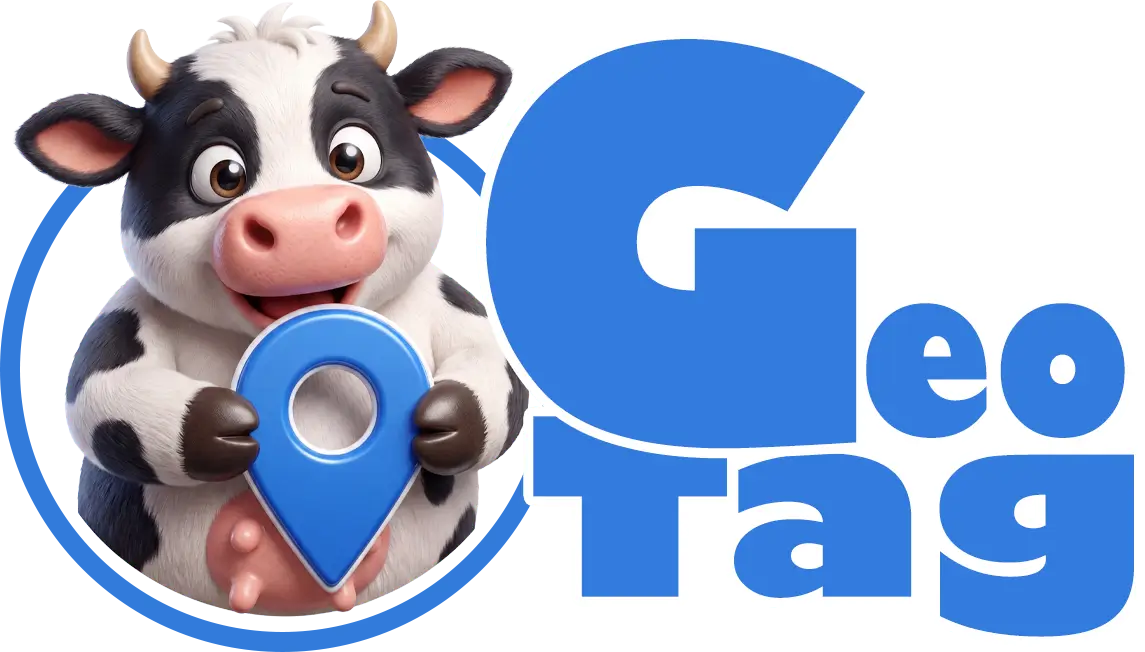 Geo Tag logo: a cartoon cow mascot holding a blue location pin next to the Geo Tag wordmark