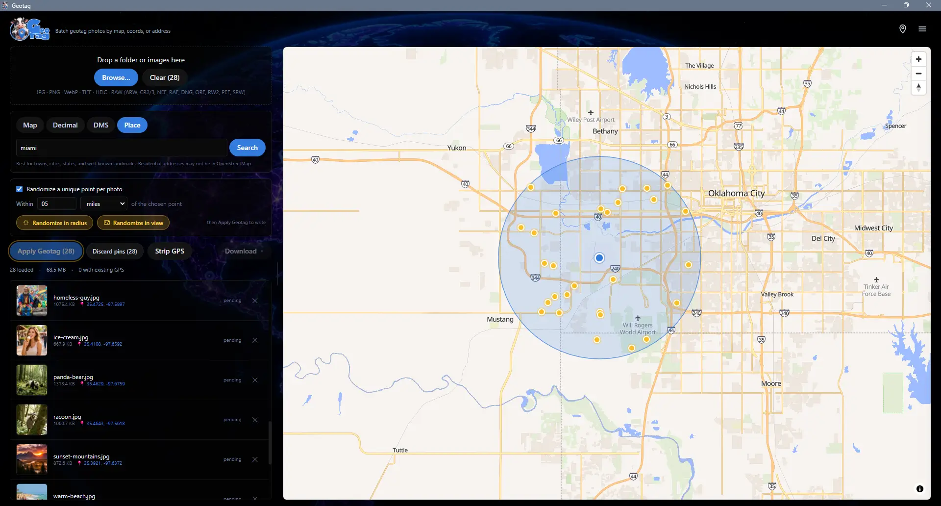 Geo Tag's Randomize in radius feature: a translucent blue circle around a center point on the Oklahoma City map with amber pins scattered randomly inside it, one per loaded photo