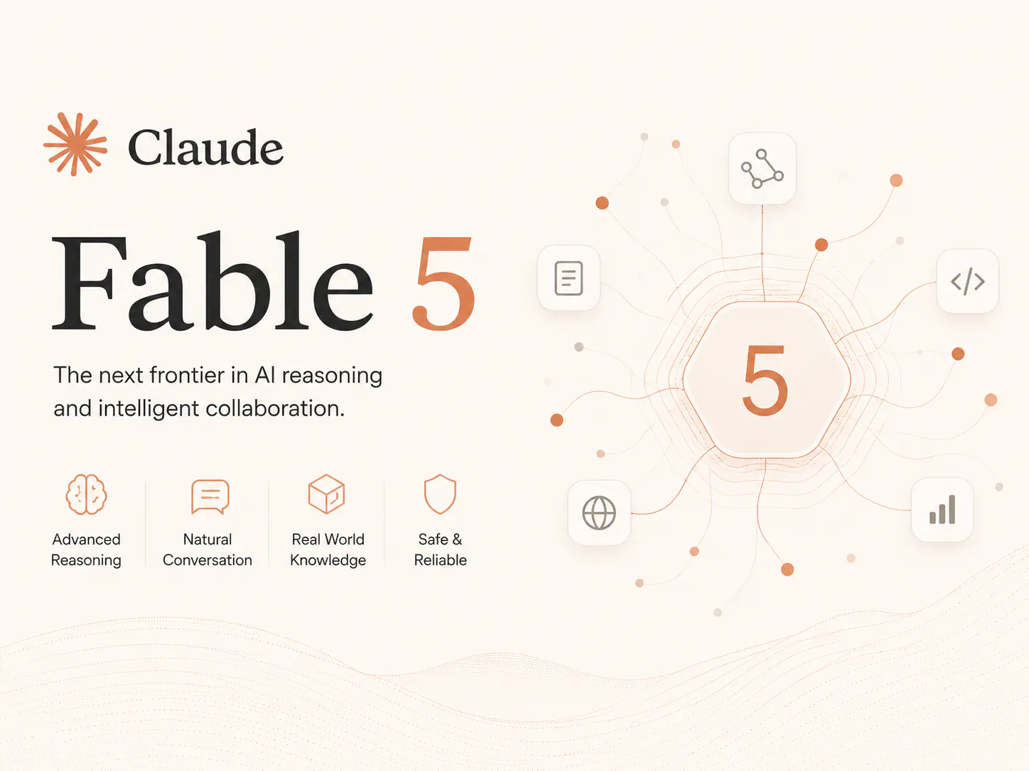 Fable 5 branding graphic reading 'the next generation of AI — smarter, safer, more capable' with icons for advanced reasoning, multilingual by design, trust and safety built-in, and built to scale